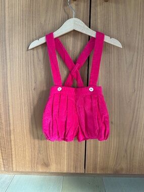 Jacadi Raspberry Corduroy Suspender Romper 6M